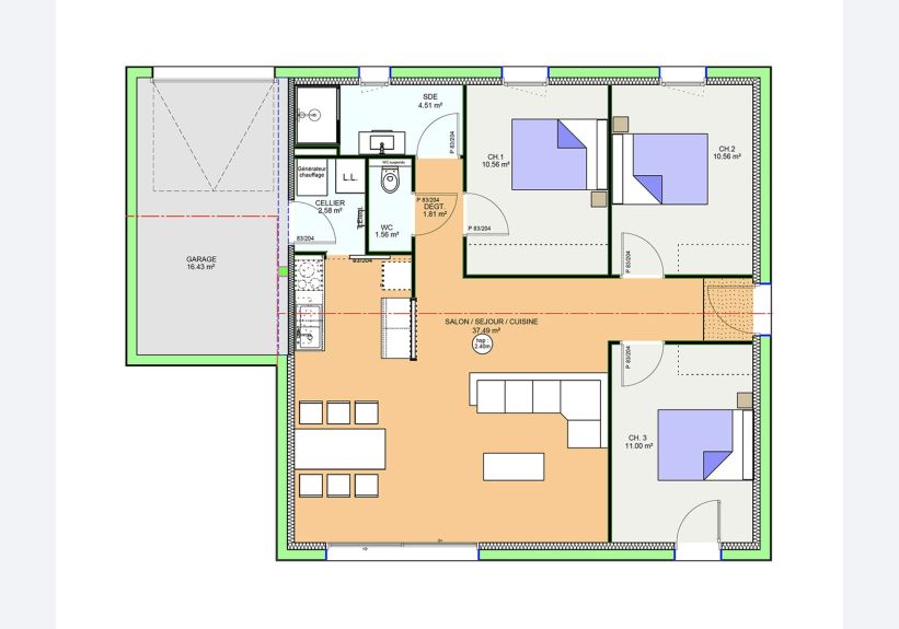 Image du modèle de maison PLAN RDC G1 - OPTIMA 80 INTEGRA - sans cotes