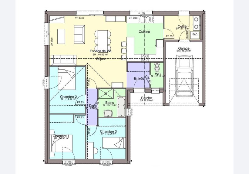 Image du modèle de maison FUSCHIA 3CH94 T-plan sans côtes