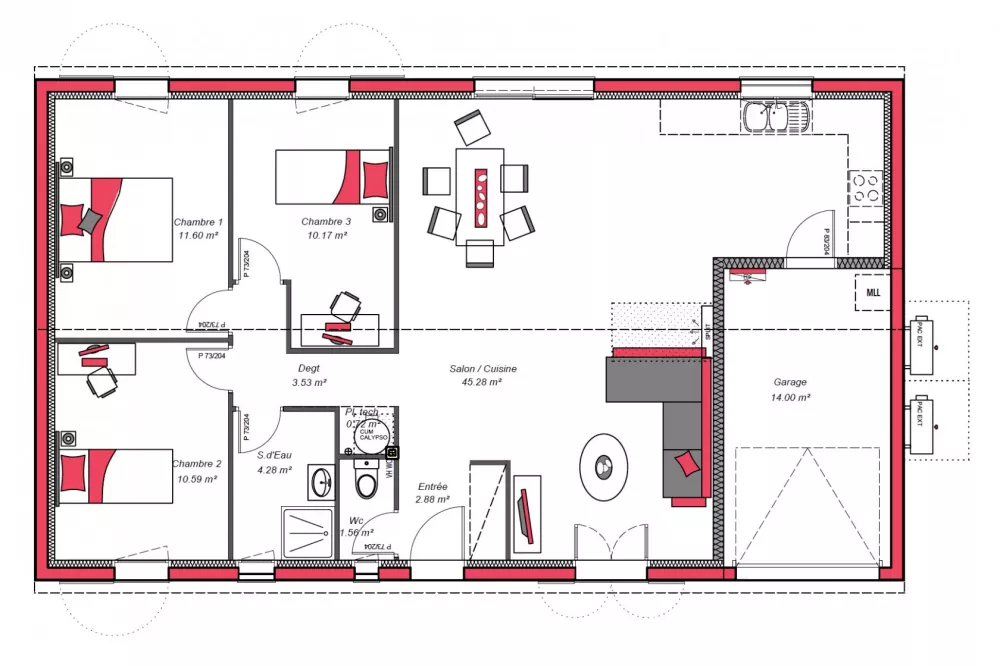 Image du modèle de maison NATHEA 90 + G - avec cotes 2