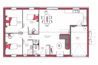 Image du modèle de maison NATHEA 90 + G - avec cotes 2