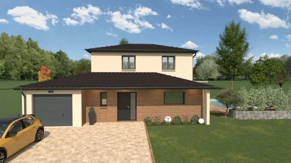 Image du modèle de maison LYS 102 -Façade toit tuilé foncé et bardage RDC