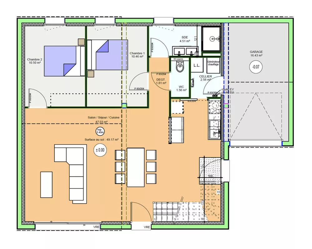 Image du modèle de maison PLAN RDC D2 - OPTIMA 110 INTEGRA - sans cotes