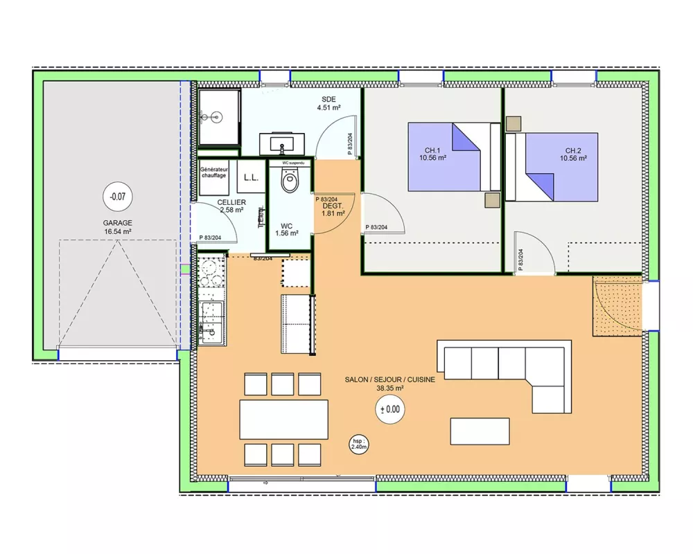 Image du modèle de maison PLAN RDC G2 - OPTIMA 70 INTEGRA - sans cotes