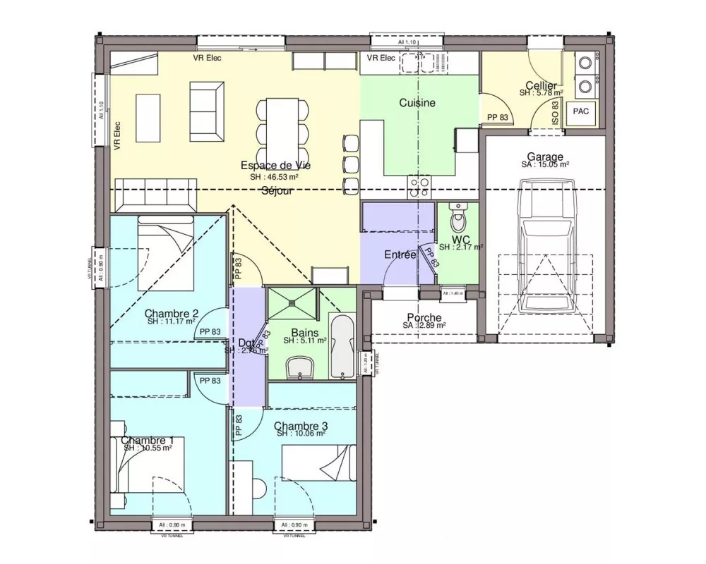 Image du modèle de maison FUSCHIA 3CH94 T-plan sans côtes