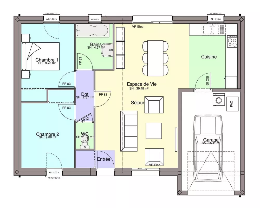 Image du modèle de maison PAV 2CH67 GI-AR-T-plan sans côtes