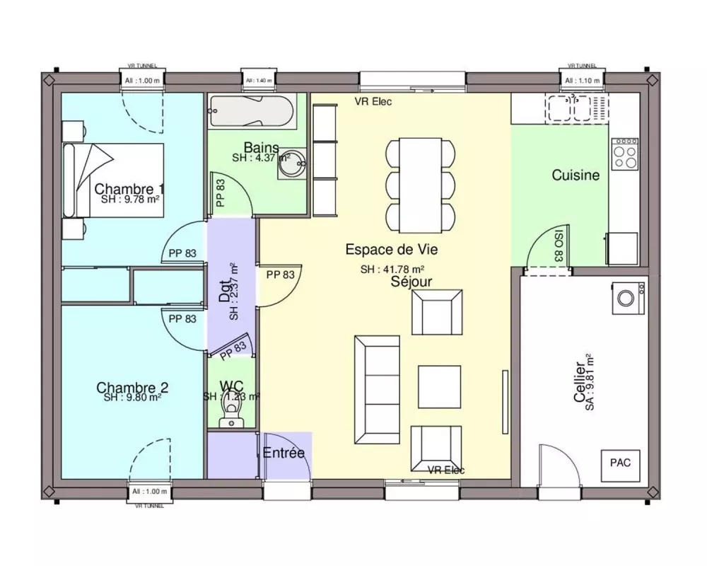 Image du modèle de maison PAV 2CH69-CE-AR-A-plan sans côtes