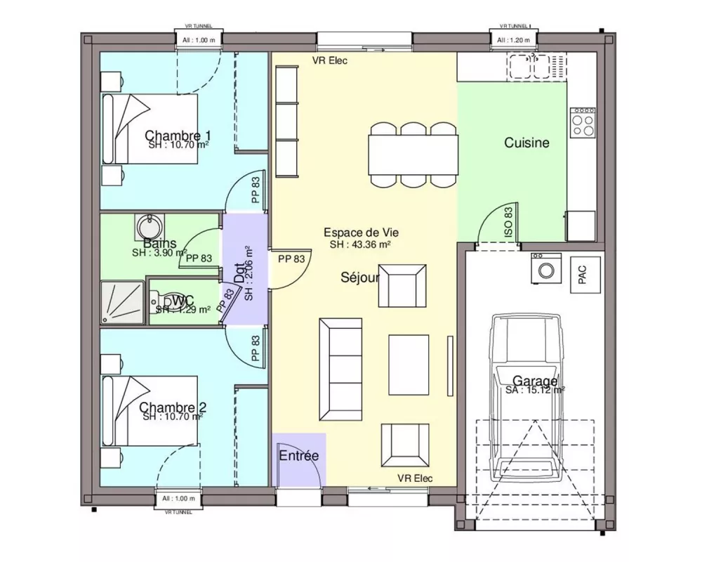 Image du modèle de maison PAV 2CH71-GI-T-plan sans côtes