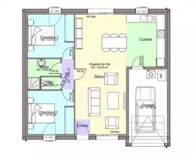 Image du modèle de maison PAV 2CH71-GI-T-plan sans côtes