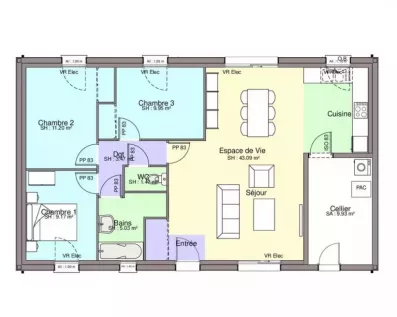 Image du modèle de maison PAV 3CH83-CE-T-plan sans côtes