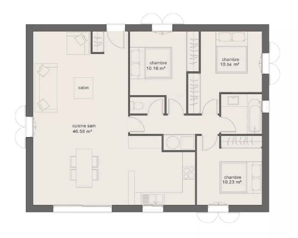 Image du modèle de maison PLAN AGATE 3CH90-sans cotes