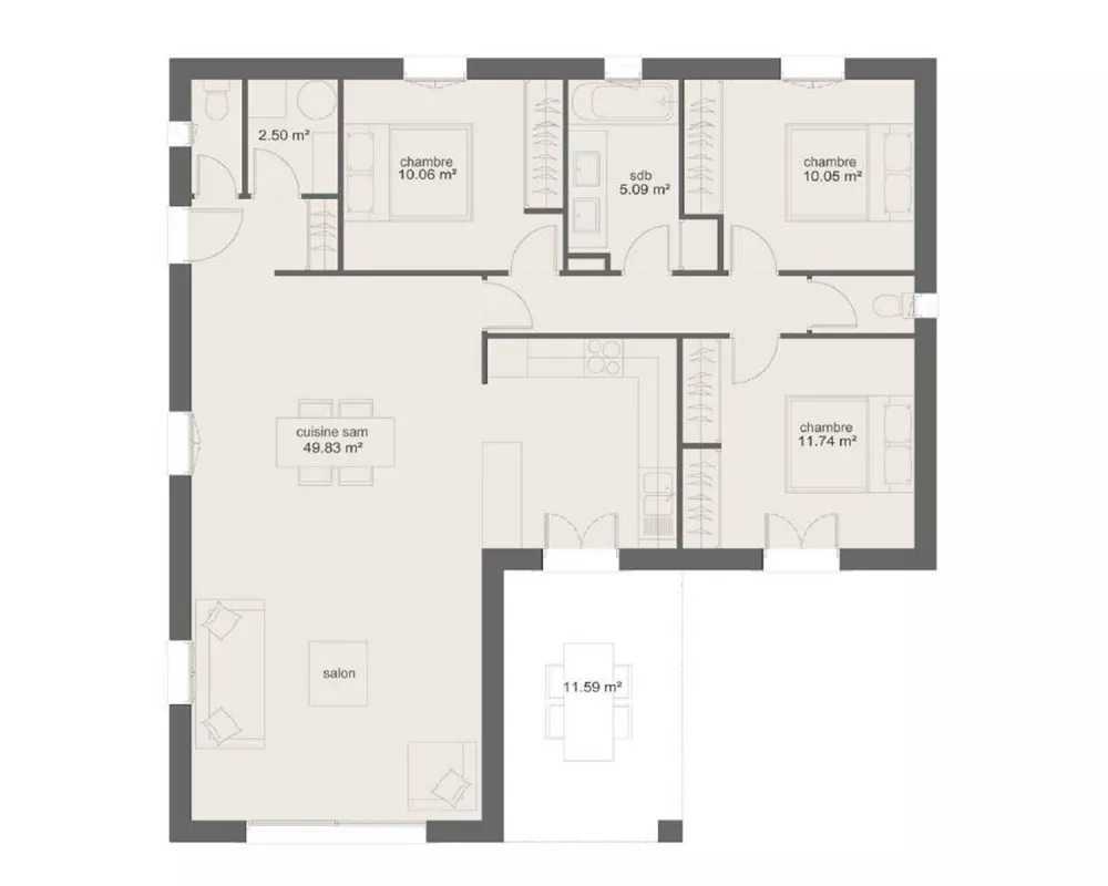 Image du modèle de maison PLAN RDC 3CH100-sans cotes