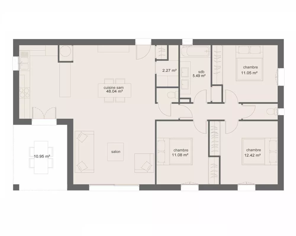 Image du modèle de maison PLAN RDC 3CH100-sans cotes